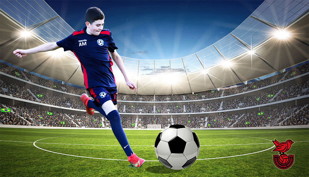 Football boy kicking ball stadium Football boy kicking ball stadium
